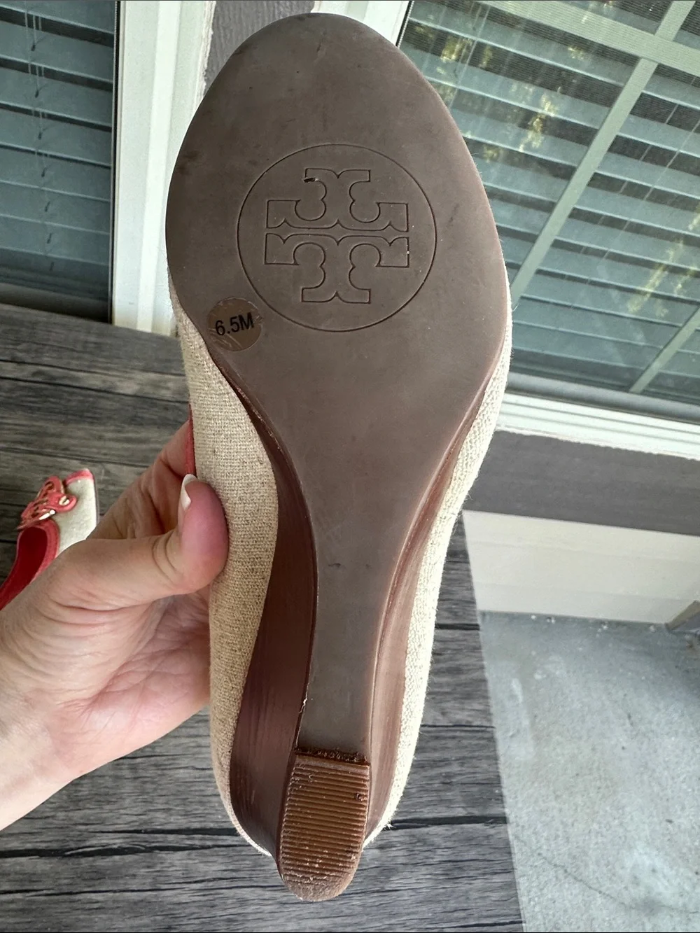 Tory Burch Coral-Trim Peep-Toe Wedges with Gold Logo